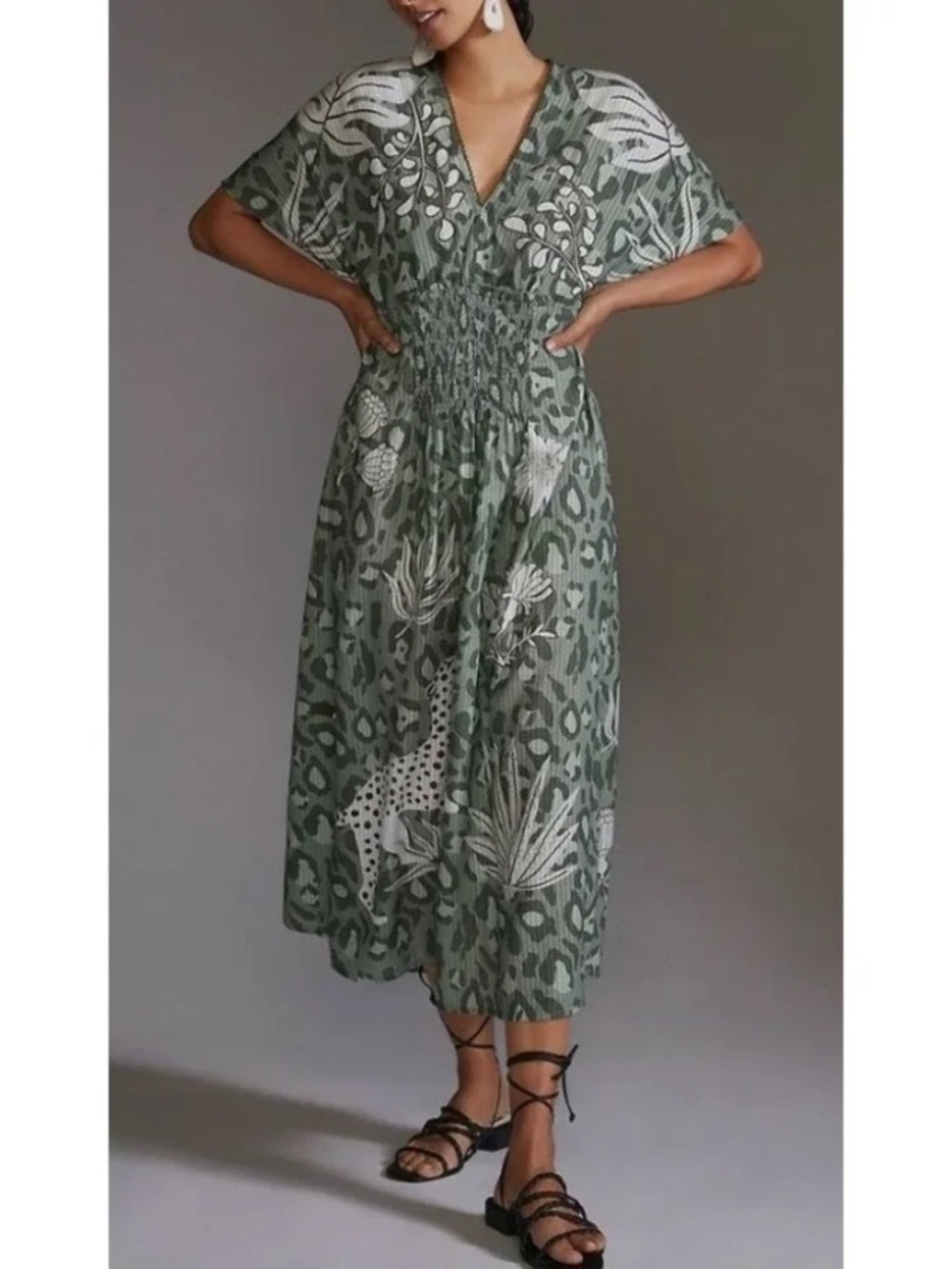 Blank London Green Animal Print Lightweight Midi Dress Smocked Waist Boho Resort